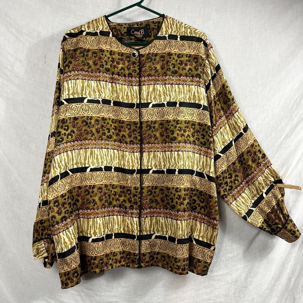 Corey B 100% Silk Animal Mixed Print Blouse Womens 1x Plus Size‎ Safari Office